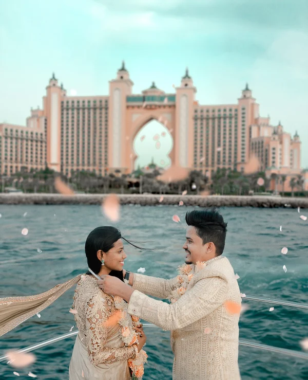 Couple getting married on a yacht wearing Indian Traditional Sherwani and Saree in Arabian Sea blu 1 3eo45vadqq4dzejkumie2shy8n057wwo78ffis3dug8e841y6